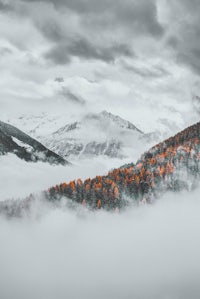 a black and white image of a mountain covered in fog